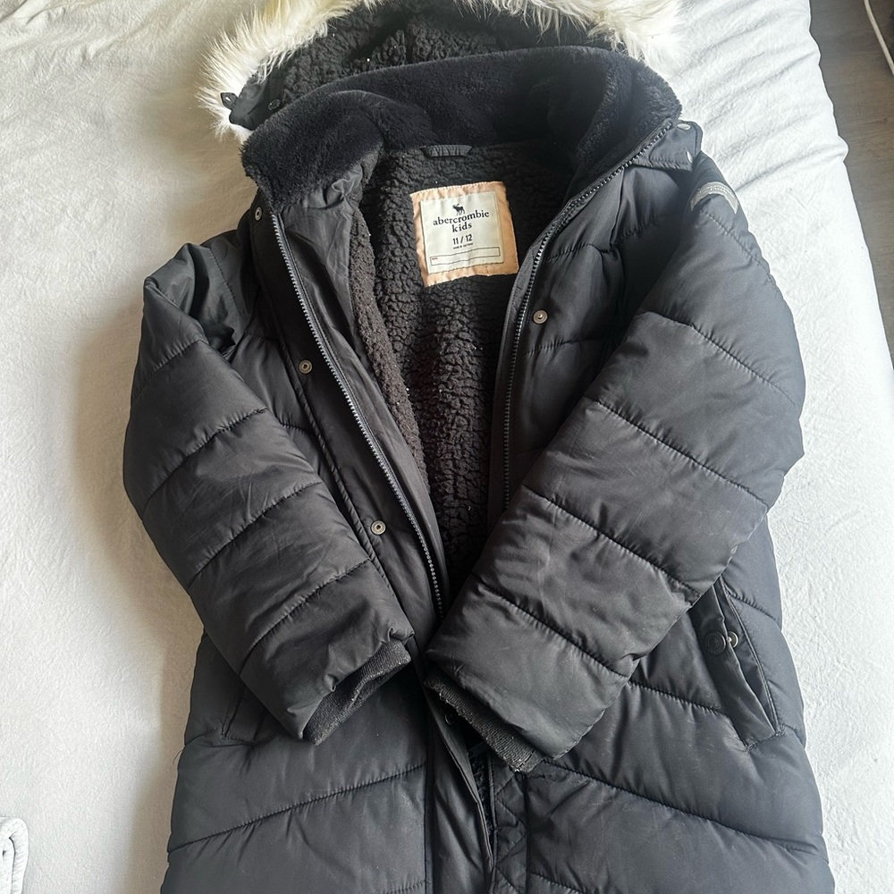 Abercrombie Kids Charcoal Puffer Jacket with Faux Fur Trim